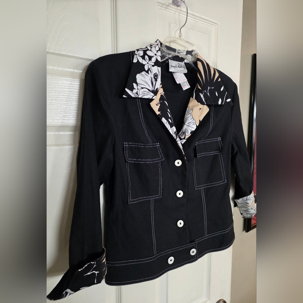 Joseph Ribkoff Black Jacket White Stitch Floral-Trim Top 8